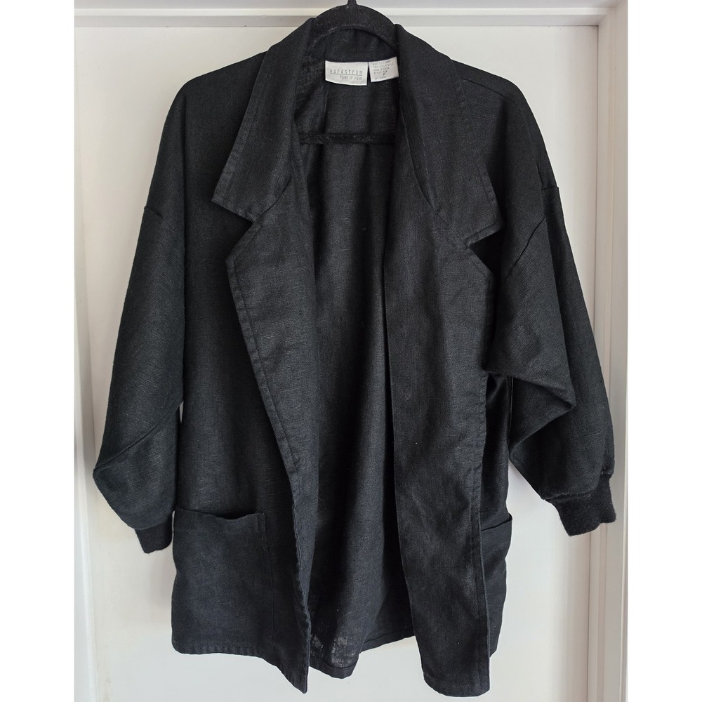 VTG Nordstrom Point of View Women Open Blazer Black Long Sleeve Ramie Jacket P